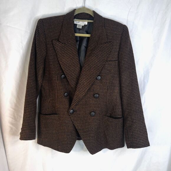 Atrium Collection Brown Tweed Plaid Career Blazer Double Breasted Size 8 Classic - Picture 10 of 10